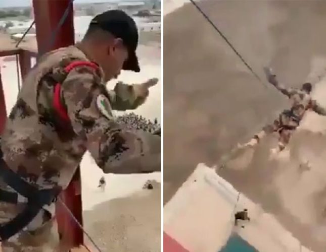 شاهد.. لحظة ارتطام جندي عراقي بالأرض بقوة أثناء قفزة تدريبية من مكان مرتفع